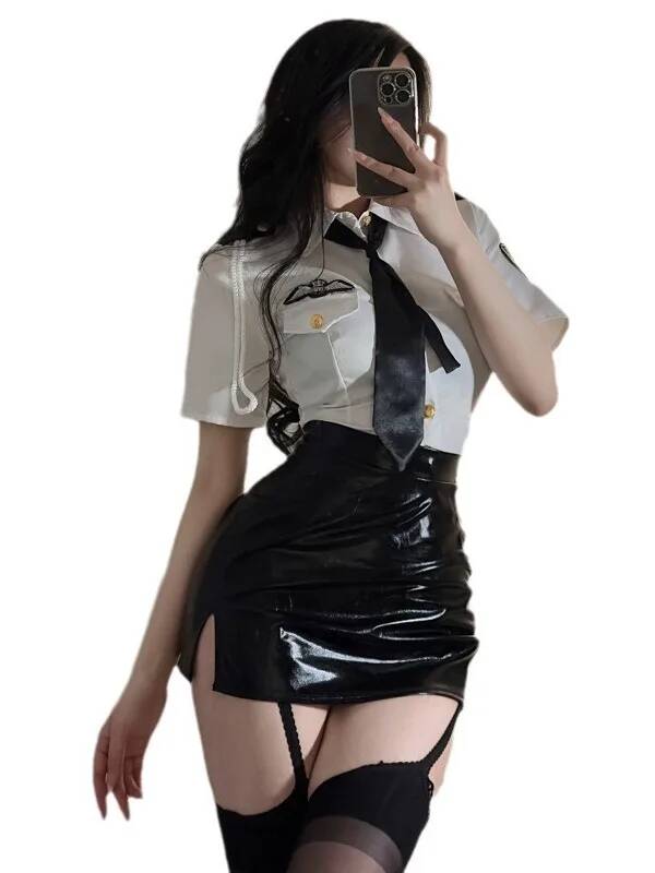 Leatherwork Letters - Sexy Flight Attendant Clothes Turn-down Collar