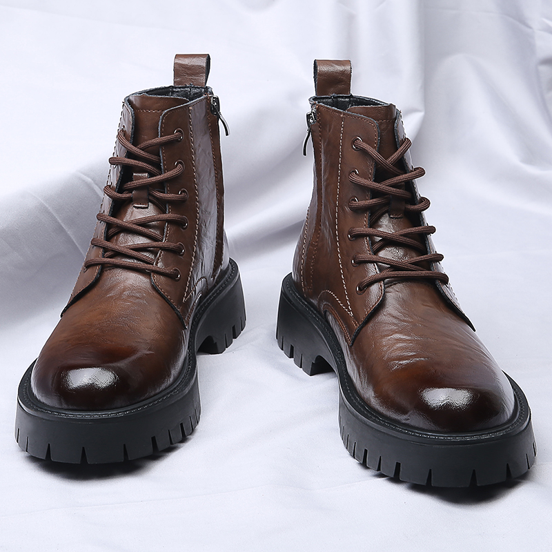 Men Side Zipper High Top Boots - Leather Work Boots 评论和价格