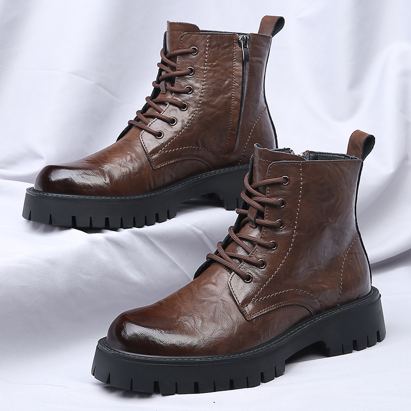 Men Side Zipper High Top Boots - Leather Work Boots 评论和价格