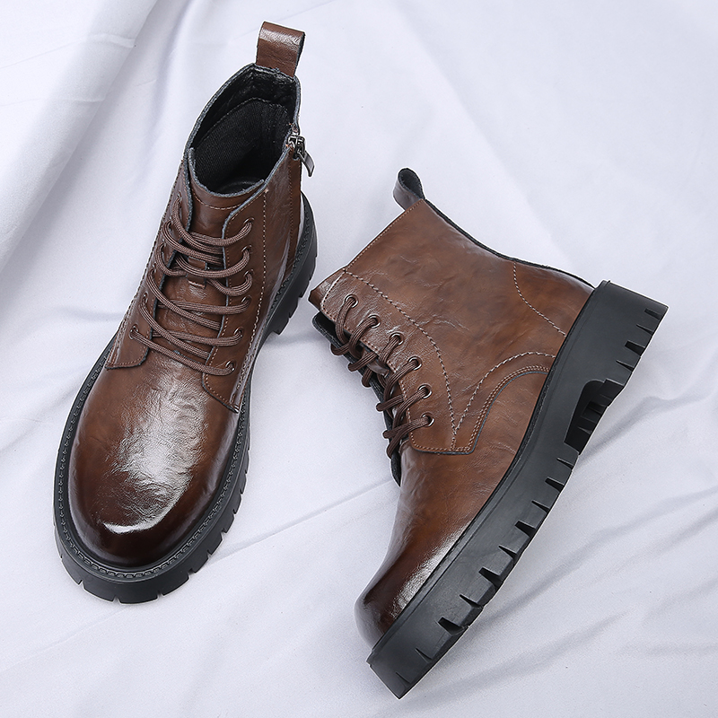 Men Side Zipper High Top Boots - Leather Work Boots 评论和价格